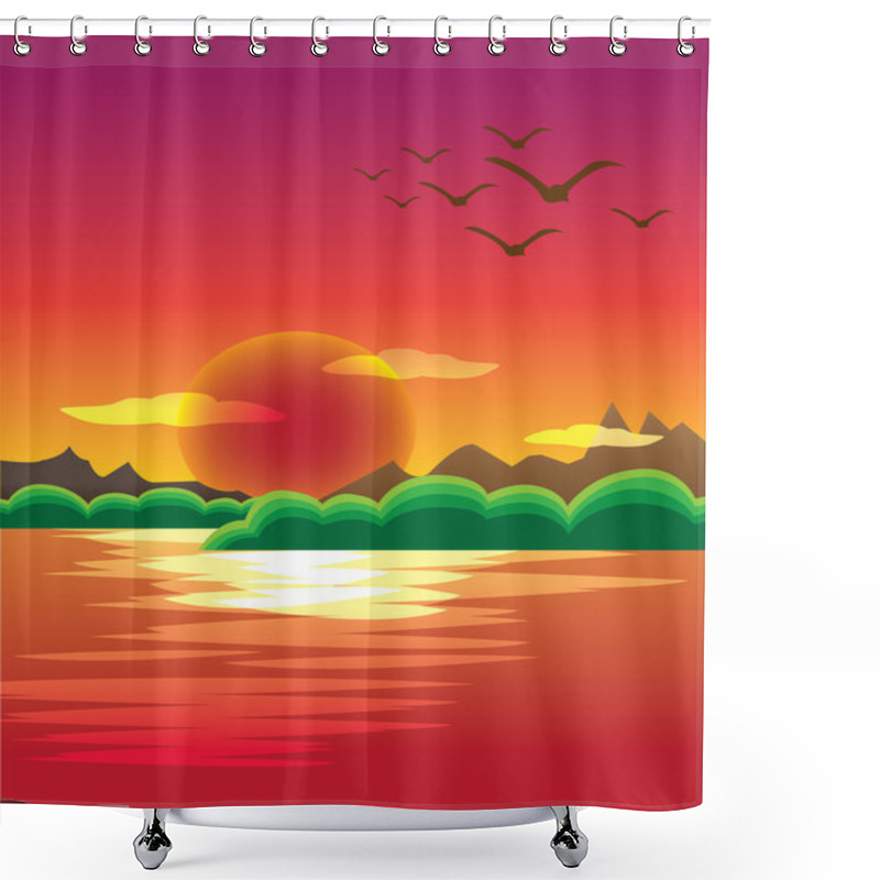 Personality  Beautiful Sunset With Red Sky Background And Water Foreground Shower Curtains