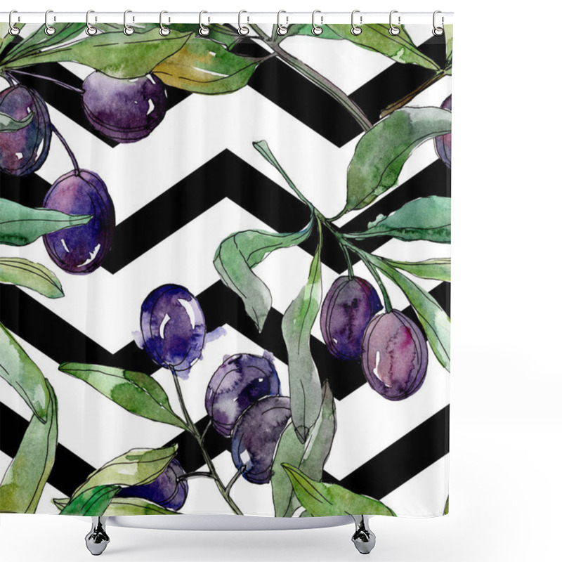 Personality  Black Olives On Branches With Green Leaves. Botanical Garden Floral Foliage. Watercolor Background Illustration. Seamless Background Pattern. Fabric Wallpaper Print Texture. Shower Curtains