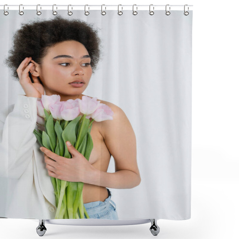 Personality  Stylish African American Woman In Jacket With Naked Shoulder Holding Flowers Isolated On Grey  Shower Curtains