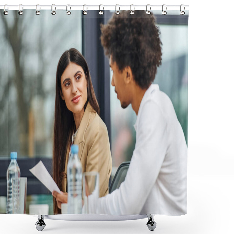 Personality  A Man And Woman Engaged In A Deep Conversation While Sitting At A Table. Shower Curtains