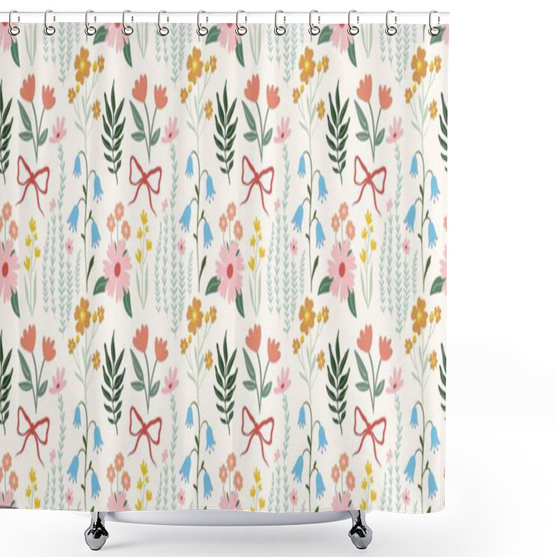 Personality  Springtime Seamless Pattern With Beautiful Flowers, Bluebells And Coquette Bows, Decorative Wallpaper In Delicate Colors, Trendy Background Shower Curtains