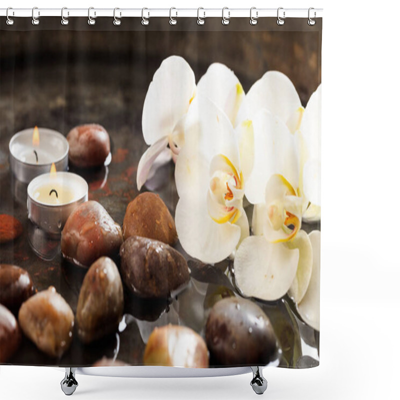 Personality  Orchids And Pebbles In Water Background Shower Curtains