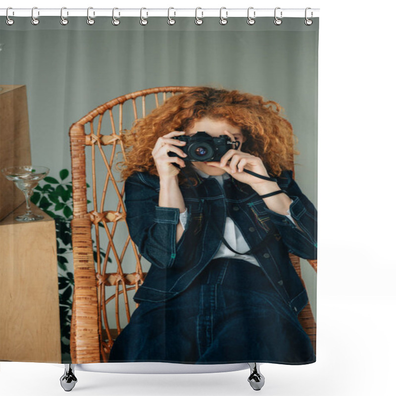 Personality  Stylish Redhead Woman In Wicker Chair Taking Photo With Film Camera On Grey Shower Curtains