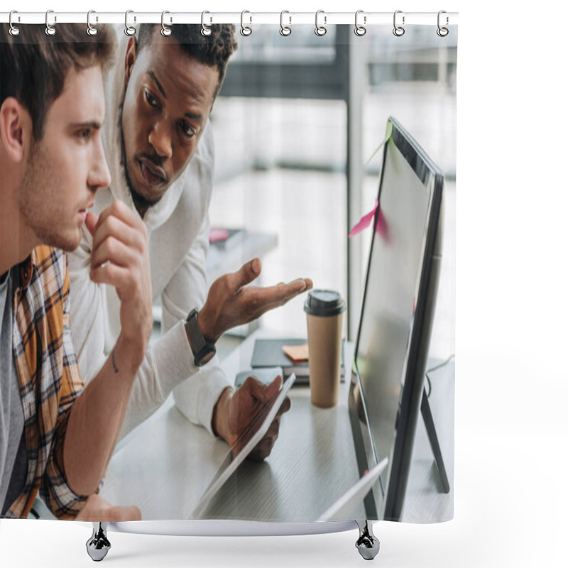 Personality  Serious African American Programmer Pointing At Computer Monitor Near Colleague Shower Curtains