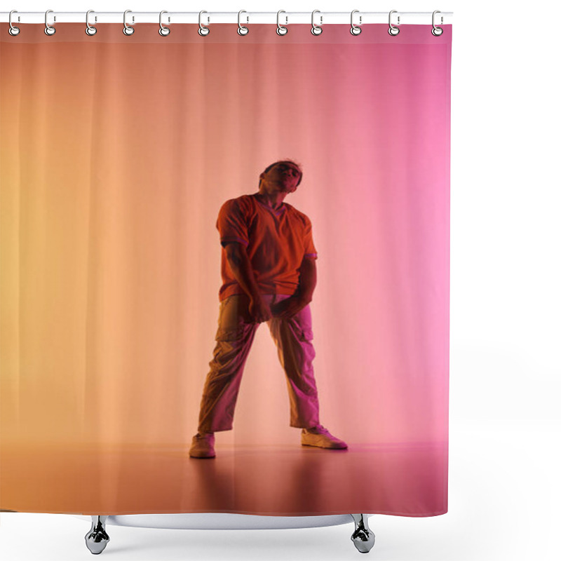 Personality  An African American Male Dancer Poses Against A Vibrant Gradient Background, Illuminated By Colorful Lighting. Shower Curtains