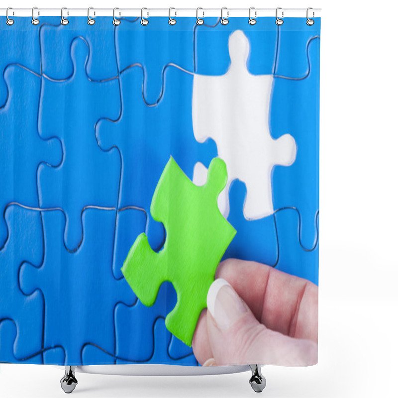 Personality  Woman's Hand Placing Missing Piece In Jigsaw Puzzle  Signifying  Shower Curtains