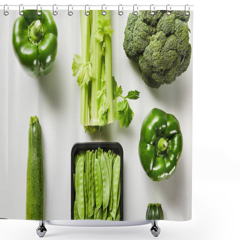 Personality  Flat Lay With Green Delicious Organic Vegetables On White Background Shower Curtains