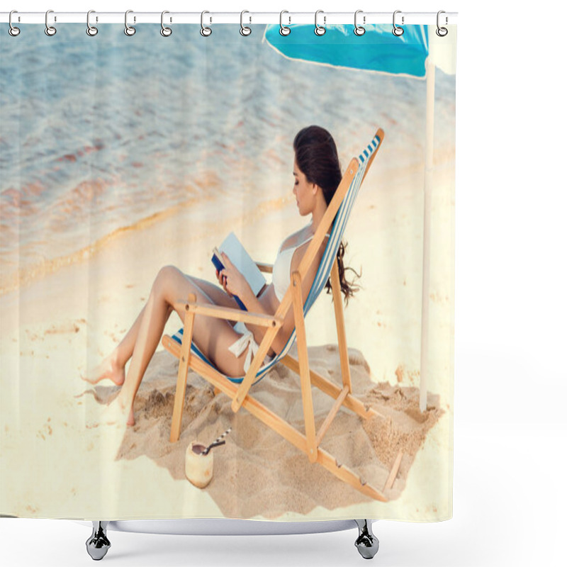 Personality  Beautiful Girl Dearing Book On Beach Chair With Coconut Cocktail On Sand Shower Curtains