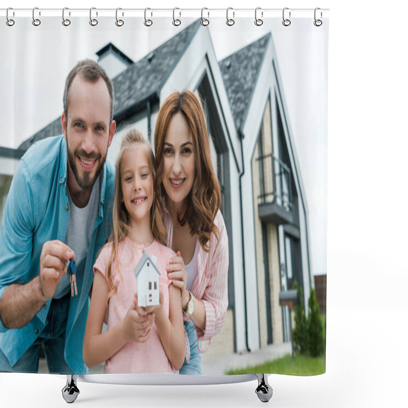 Personality  Cheerful Kid Holding Carton House Model Near Father With Keys And Happy Mother  Shower Curtains