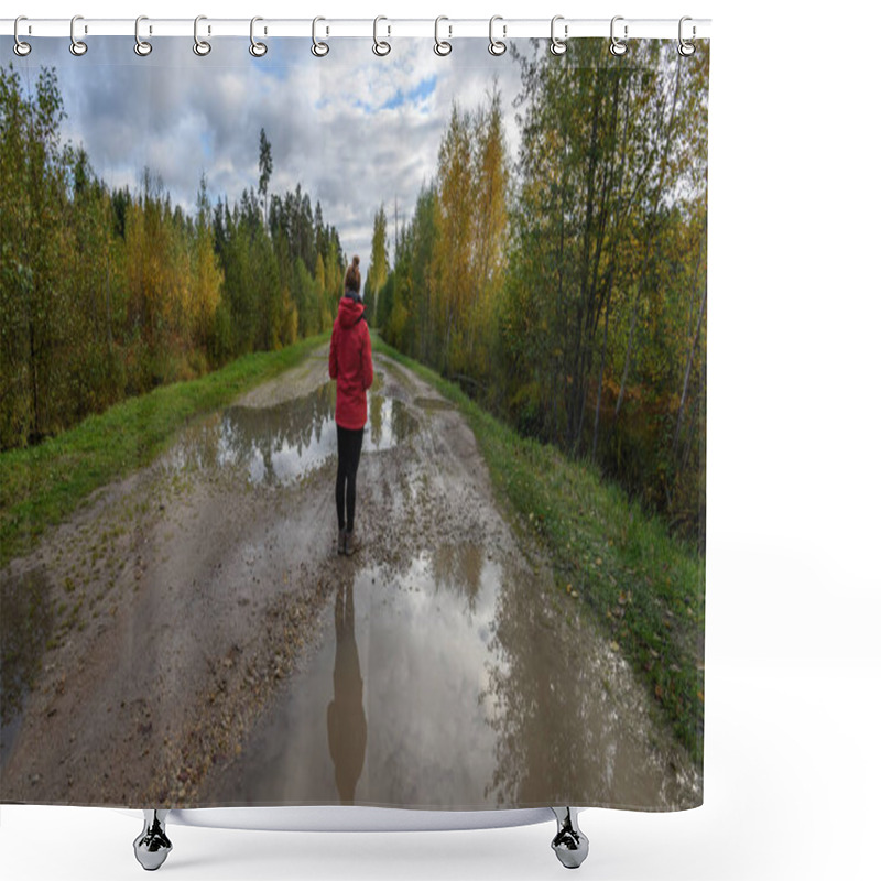 Personality  Young Woman In Red Jacket Enjoying Nature On Dirt Road. Latvia Shower Curtains