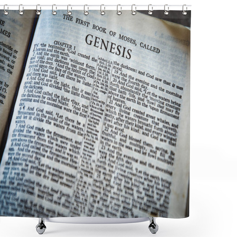 Personality  Close Up Of Holy Bible Page, Shallow Depth Of Field With Focus On Book Chapter Heading, Genesis Shower Curtains