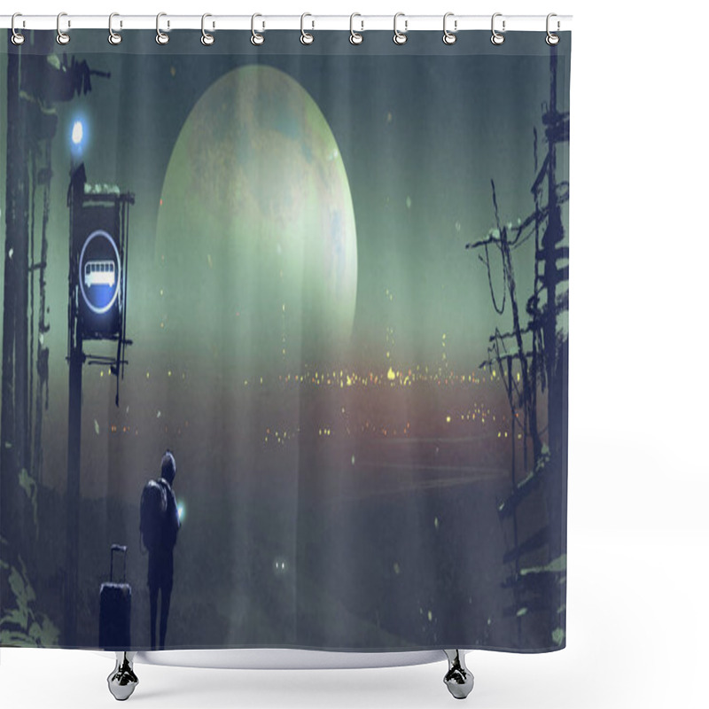 Personality  Night Scenery Of The Boy At The Bus Stop Waiting Shower Curtains