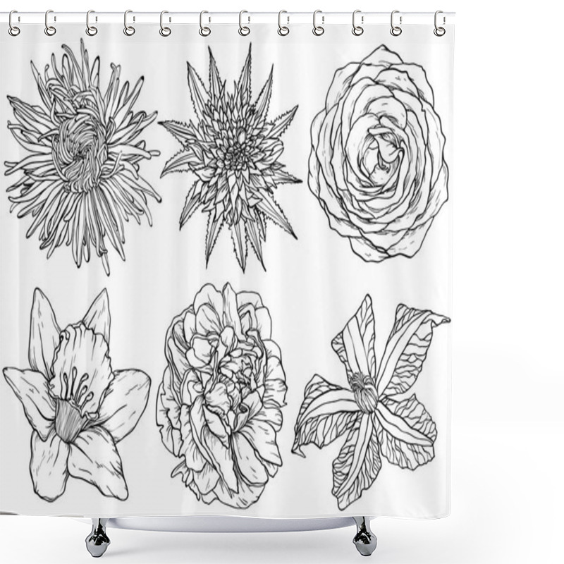 Personality  Flowers Skecth Aster, Rose, Clematis, Narcissus, Scarlet, Peony Shower Curtains