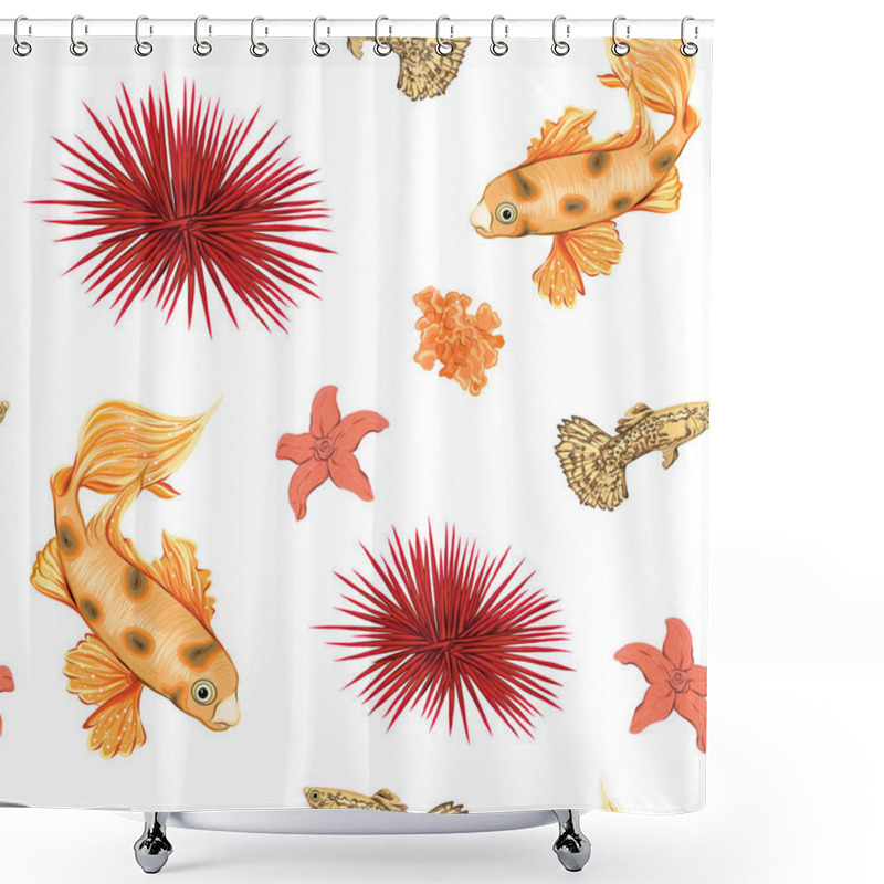 Personality  Sea World Seamless Pattern, Background With Fish, Corals And Shells On White Background. Stock Vector Illustration. Shower Curtains