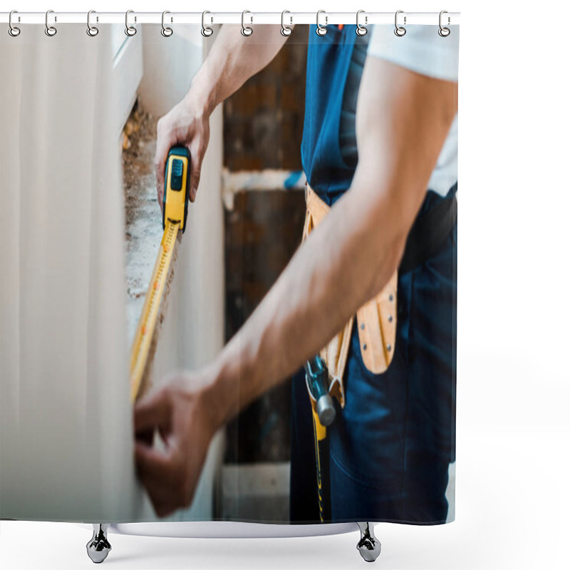 Personality  Cropped View Of Handyman Measuring Wall With Yellow Measuring Tape  Shower Curtains