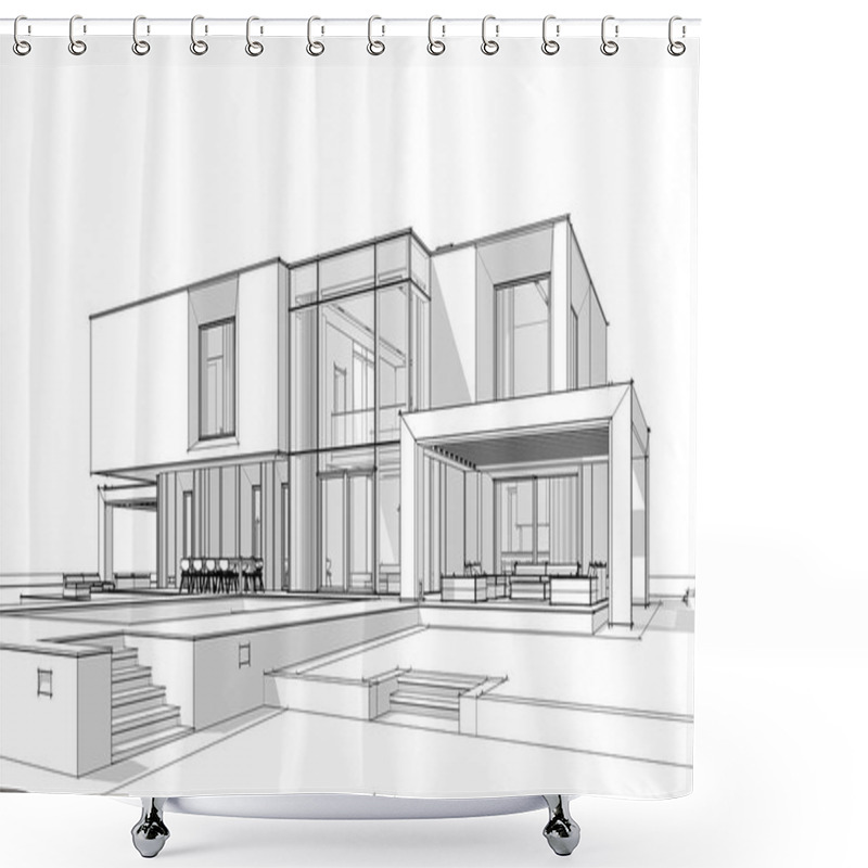 Personality  3d Rendering Sketch Of Modern Cozy House By The River With Garage For Sale Or Rent. Black Line Sketch With Soft Light Shadows On White Background. Shower Curtains