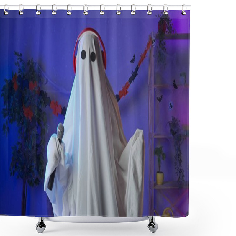 Personality  Person Dressed As Ghost Posing At Camera. Funny Halloween Ghost In White Sheet With Black Eyes In Dark Room Dancing To Music In Headphones Sings In Karaoke Microphone. Happy Halloween Spooky Concept. Shower Curtains