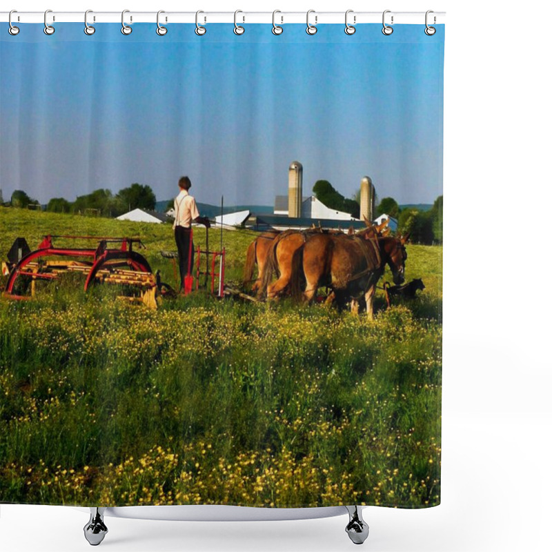 Personality  A Young Amish Man Uses A Mechanical Grass Cutter To Cut Tall Grass In The Field, Using A Team Of Mules, Southeastern Pennsylvania Shower Curtains