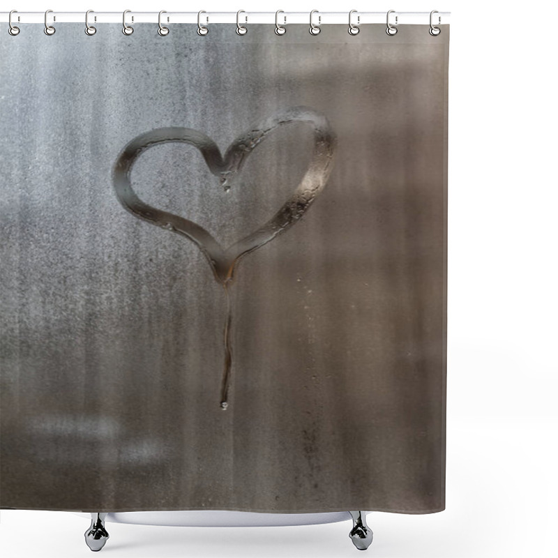 Personality  Drip In The Shape Of A Heart On A Misted Window-glass. Close-up. Shower Curtains