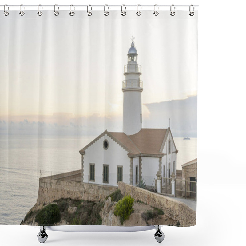 Personality  Lighthouse Of The Mallorcan Town Of Cala Rajada, On The Rocky Coast Of The Island Of Mallorca, At Sunrise. Balearic Islands, Spain Shower Curtains