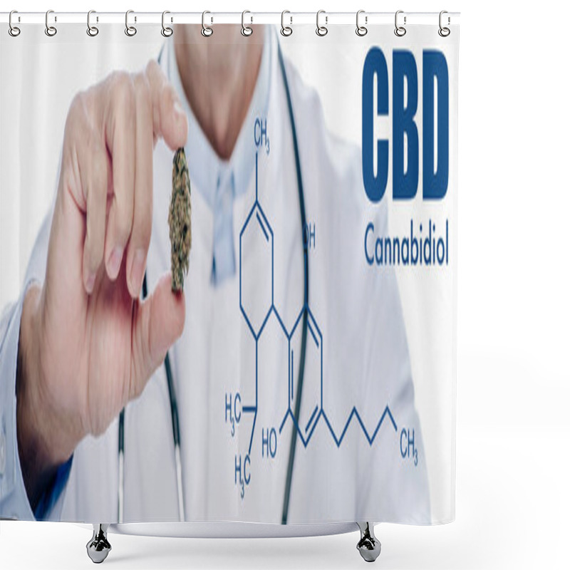 Personality  Panoramic Shot Of Doctor In White Coat Holding Medical Marijuana Bud Isolated On White With Cbd Molecule Illustration Shower Curtains