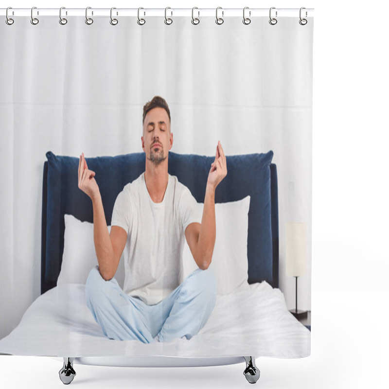 Personality  Handsome Man Practising Yoga In Pyjamas Shower Curtains