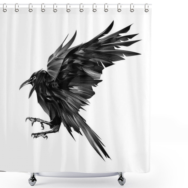 Personality  Drawn Black Raven In Flight On A White Background Shower Curtains