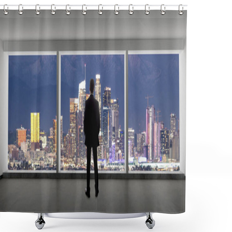 Personality  Businessman Wearing A Suit Looking At The Buildings Of Downtown Los Angeles From An Office Window.  The Man Looks Like A Politician Like A Mayor, Or An Architect Or A Real Estate Developer Working In LA. Shower Curtains