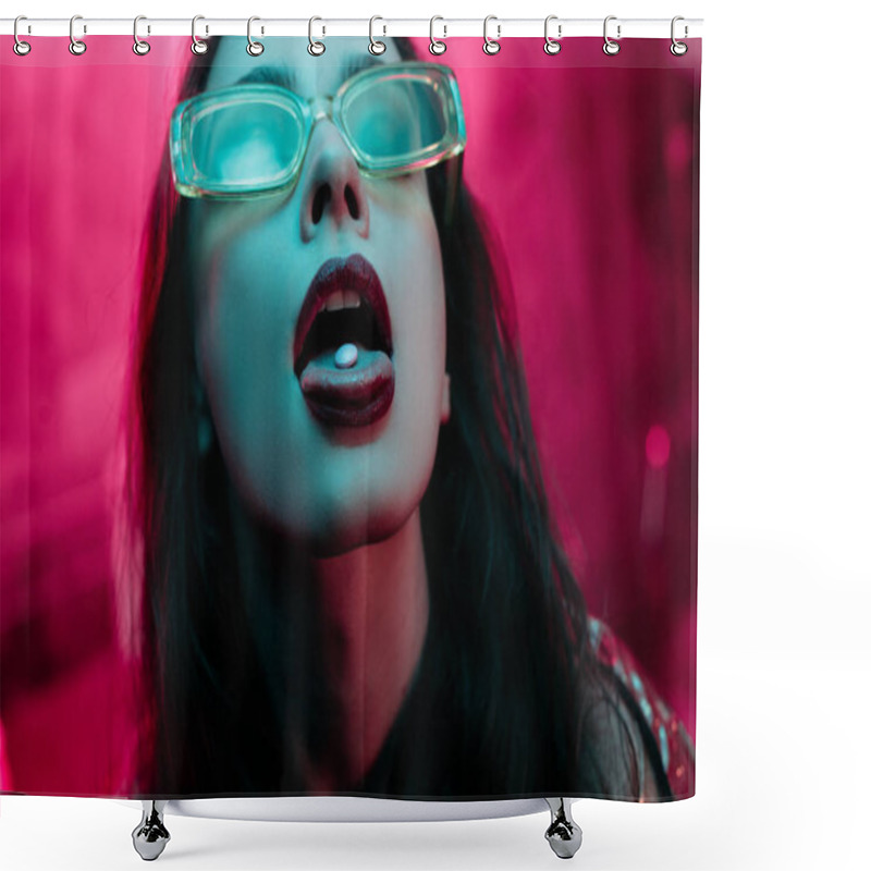 Personality  Beautiful Girl In Sunglasses With Lsd On Tongue In Nightclub  Shower Curtains