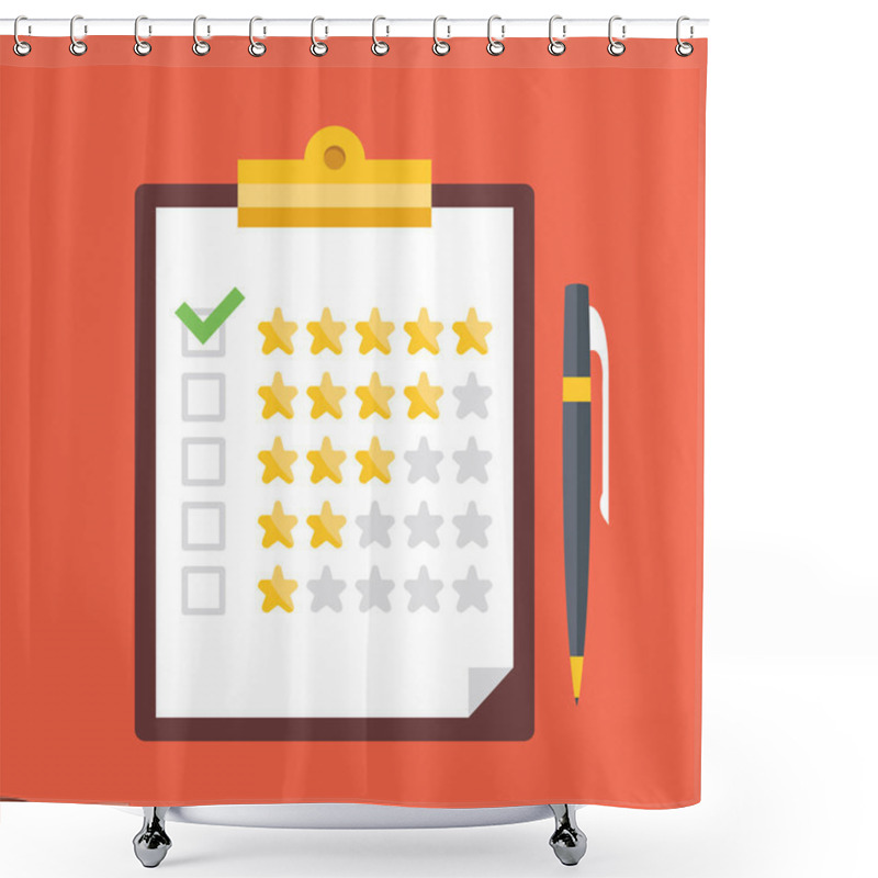 Personality  Clipboard With Rating Stars And Pen. Quality Control, Customers Reviews, Service Rating Concepts Shower Curtains