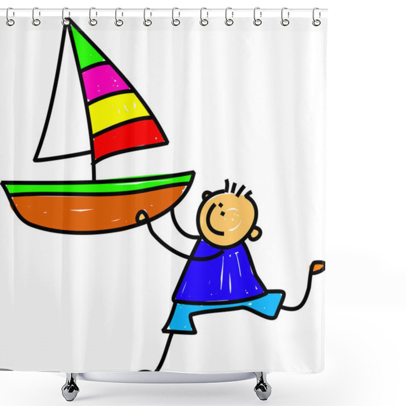 Personality  Little Boy Holding A Large Toy Boat. Shower Curtains