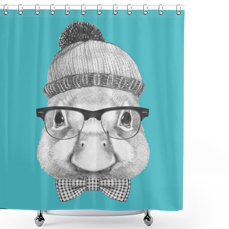 Personality  Portrait Of Duck With Hat, Glasses And Bow Tie Shower Curtains