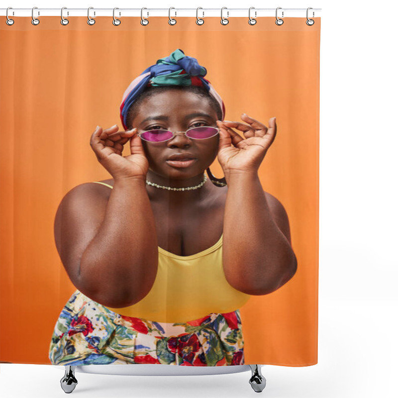 Personality  Fashionable Plus Size African American Woman In Headscarf Wearing Trendy Sunglasses On Orange Shower Curtains