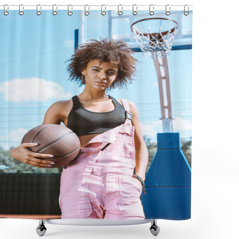 Personality  African-american Woman Holding Basketball Shower Curtains