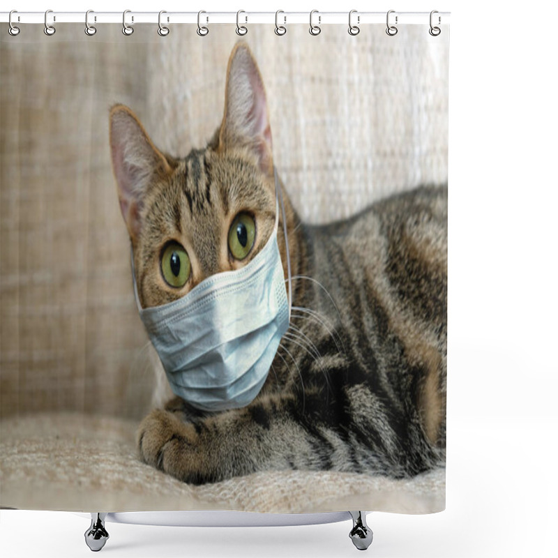 Personality  Cat In Medical Mask On Quarantine At Home. Close Up. Shower Curtains