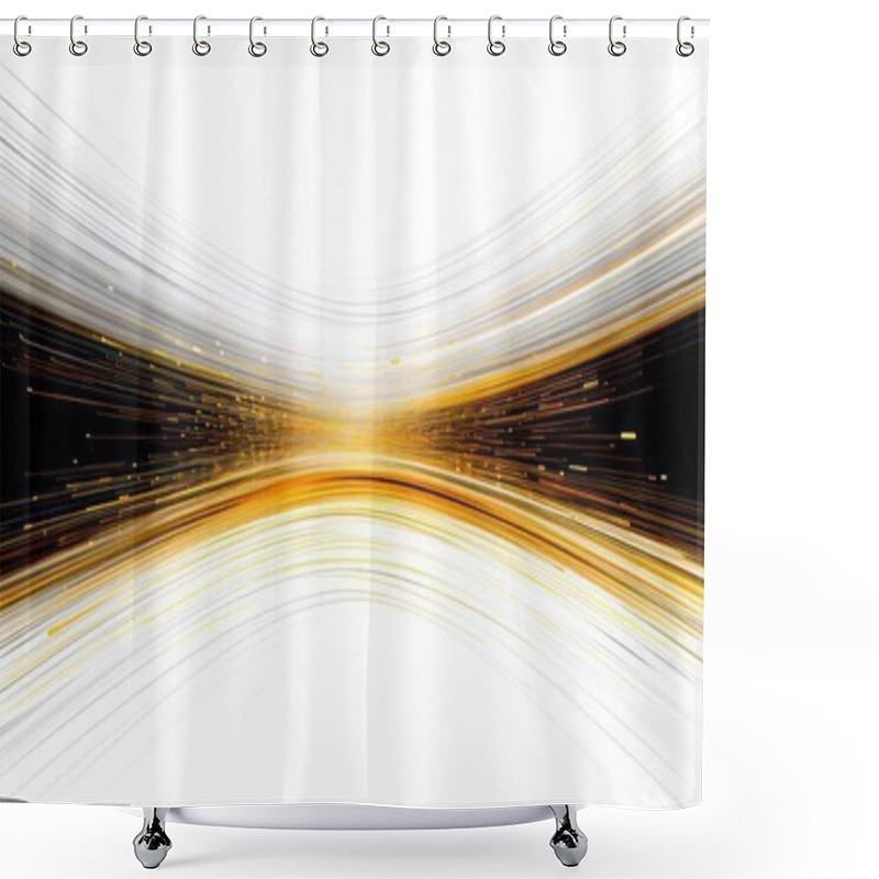 Personality  Gold Horizontal Lines, Symmetrical Composition, Bioluminescence, Pure White Background. Abstract Background Shower Curtains