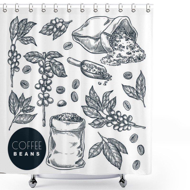 Personality  Raw Coffee Crop. Vector Hand Drawn Sketch Illustration. Coffee Berries On Branch And Beans In Sack, Isolated On White Background. Cafe Menu, Labels Or Packaging Design Elements. Shower Curtains