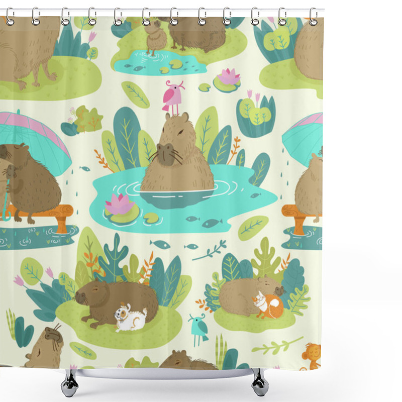 Personality  Pattern Image Of The Capybara On The Jungle Green Forest And Lake, Vector Illustration, Funny Cartoon Animal Shower Curtains