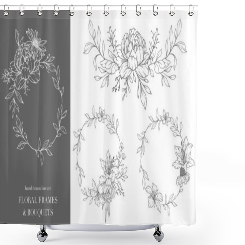 Personality  Wildflowers Line Drawing. Floral Frames And Bouquets. Floral Line Art. Fine Line Wildflowers Frames Hand Drawn Illustration. Hand Drawn Outline Wildflowers. Botanical Coloring Page. Wildflowers Isolated Shower Curtains