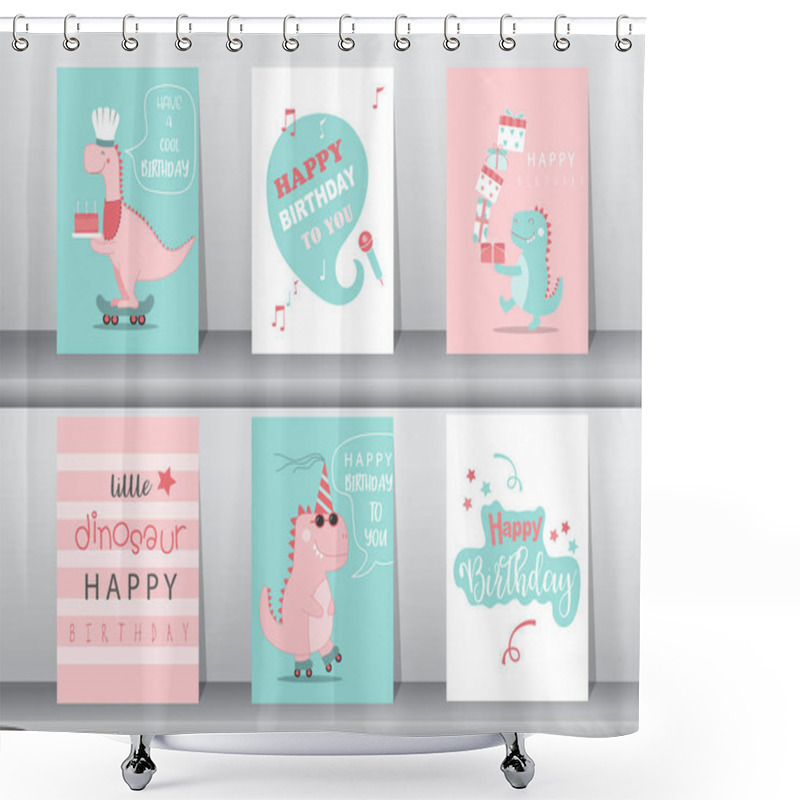 Personality  Set Of Cute  Birthday Cards,poster,template,greeting Cards,animals,dinosaurs,Vector Illustrations. Shower Curtains