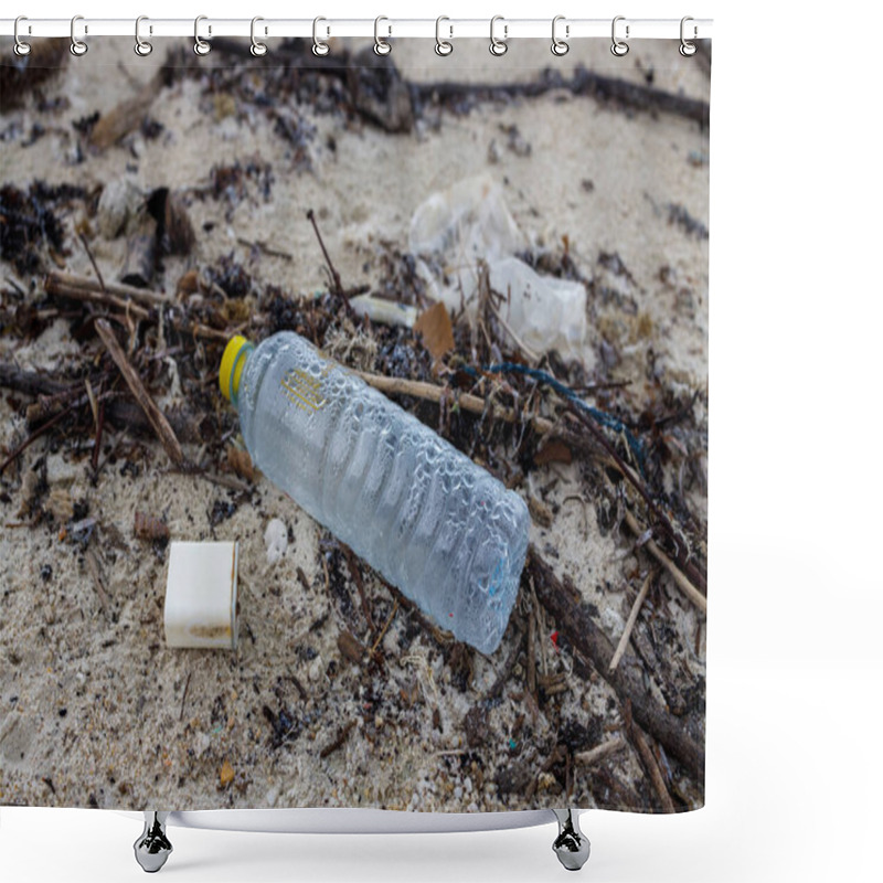 Personality  A Polluted Beach On Ko Samui, Thailand, With Plastic Debris Including A Bottle And Discarded Electronic Components Scattered On The Sand Shower Curtains