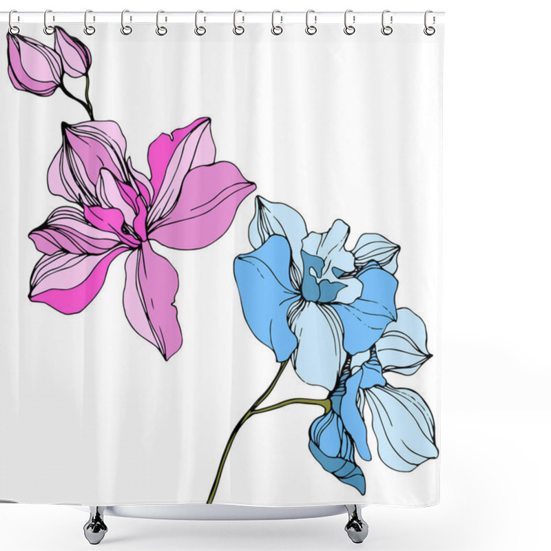 Personality  Vector Pink And Blue Orchids. Wildflowers Isolated On White. Engraved Ink Art Shower Curtains