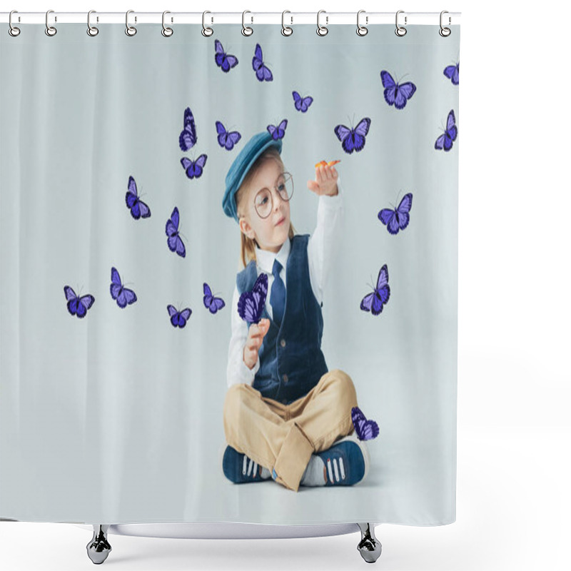 Personality  Adorable Kid Sitting On Floor With Crossed Legs Among Fairy Purple Butterflies On Grey Background  Shower Curtains