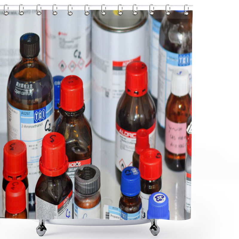 Personality  PRAGUE, CZECH REPUBLIC - April 30, 2017: Many Bottles Of Solvents And Reagents For Cell Culture On A Shelf In - April 30, 2017: Laboratory. Institute Of Organic And Biochemistry. Shower Curtains