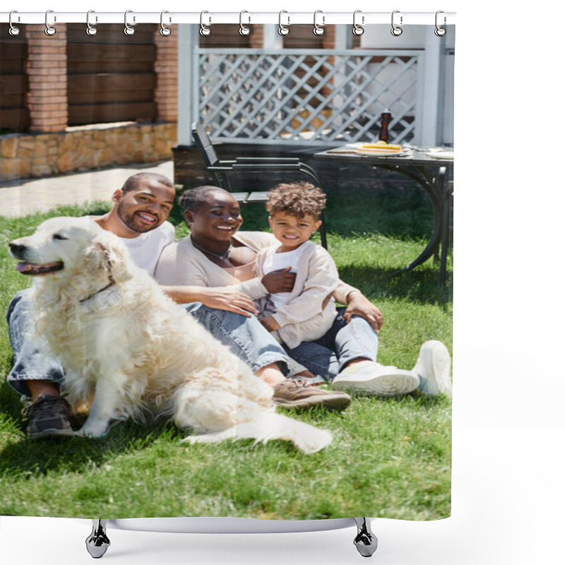 Personality  Family Portrait Of Joyful African American Parents And Son Smiling And Sitting On Lawn Near Dog Shower Curtains