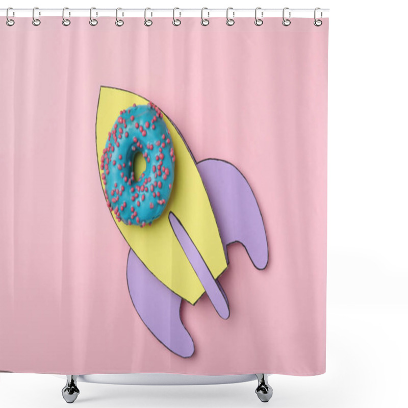 Personality  Rocket Made With Donut And Paper On Pink Background, Top View Shower Curtains