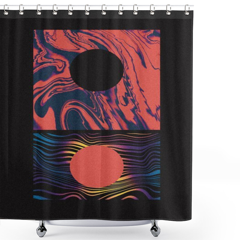 Personality  Retro Future Space Nostalgia Fluid Marble Abstract Art Yin And Yang Moon And Sun Symmetrical Landscape With Red Black And Gradient Shower Curtains