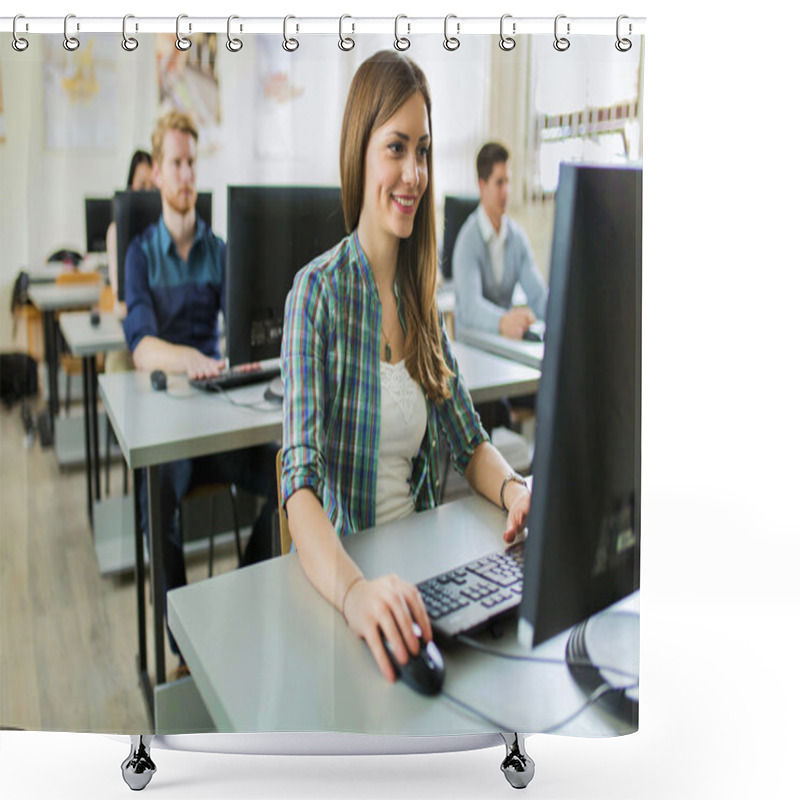 Personality  Young Beautiful Girl Working On A Computer Shower Curtains