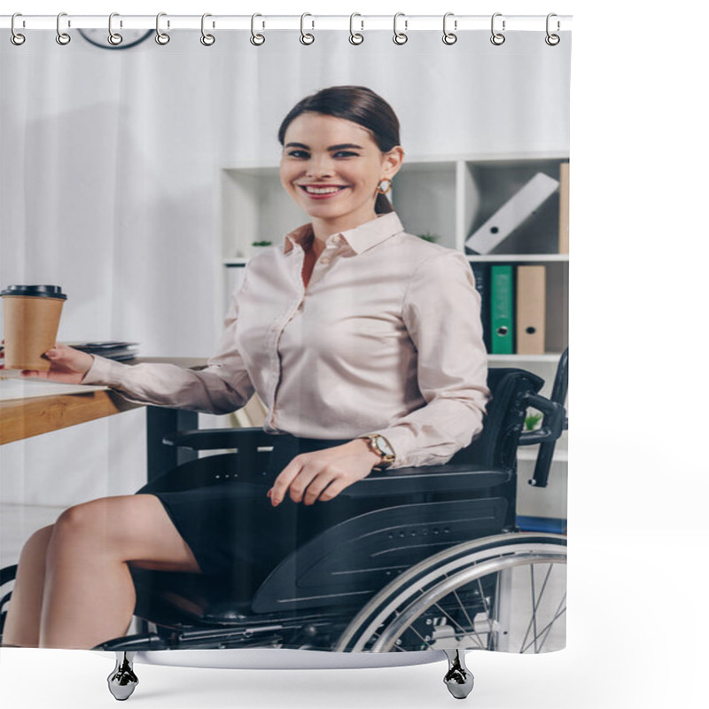 Personality  Disabled Employee On Wheelchair Looking At Camera And Smiling With Paper Cup Of Coffee In Office Shower Curtains