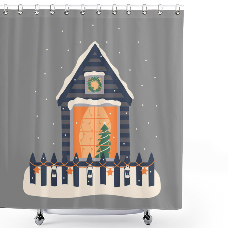 Personality  Winter House. Christmas Tree In The Window, Glowing Garlands. Fence Is Decorated With Lanterns And Stars, Snowing. Christmas Eve Or New Years Eve. Celebration. Colorful Vector Illustration Hand Drawn On Blue Background Shower Curtains